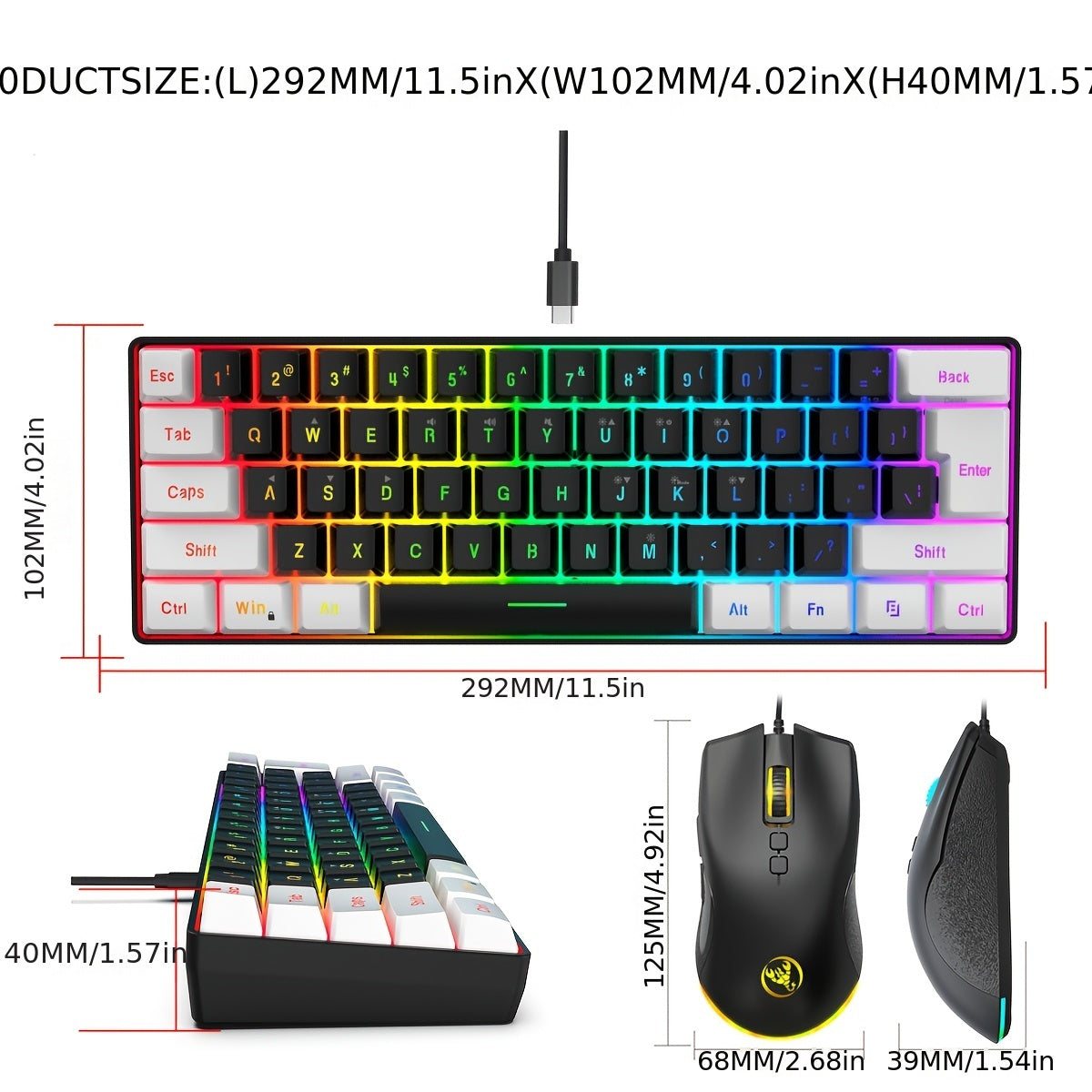 1pc HXSJ Mechanical Gaming Keyboard and Optical Mouse Set, 61-Key Wired Design, Dual Color Injection Molded Keycaps, RGB Backlight, USB Plug and Play, Compatible with PC