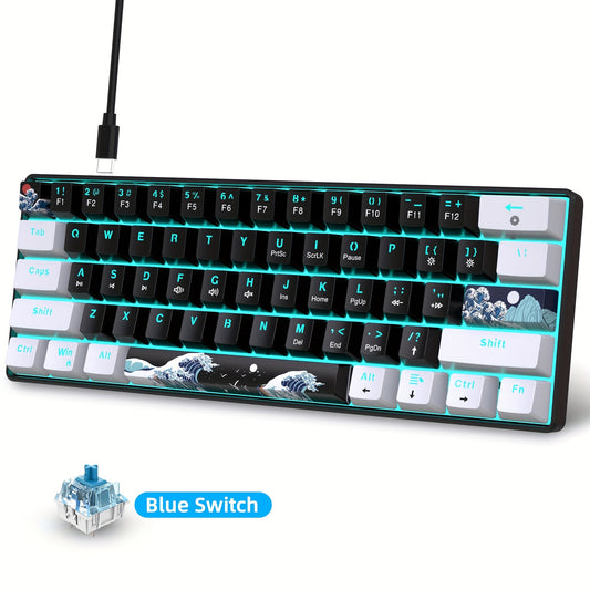 HXSJ Ergonomic 60% Mechanical Gaming Keyboard, with Blue Switches, USB Cable, Keycap Puller, Backlit Sea Blue LED, USB Powered, ≤36V Operating Voltage, with No Battery Required for Gaming