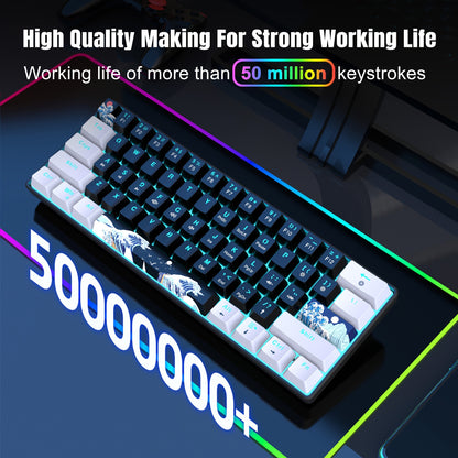 HXSJ Ergonomic 60% Mechanical Gaming Keyboard, with Blue Switches, USB Cable, Keycap Puller, Backlit Sea Blue LED, USB Powered, ≤36V Operating Voltage, with No Battery Required for Gaming