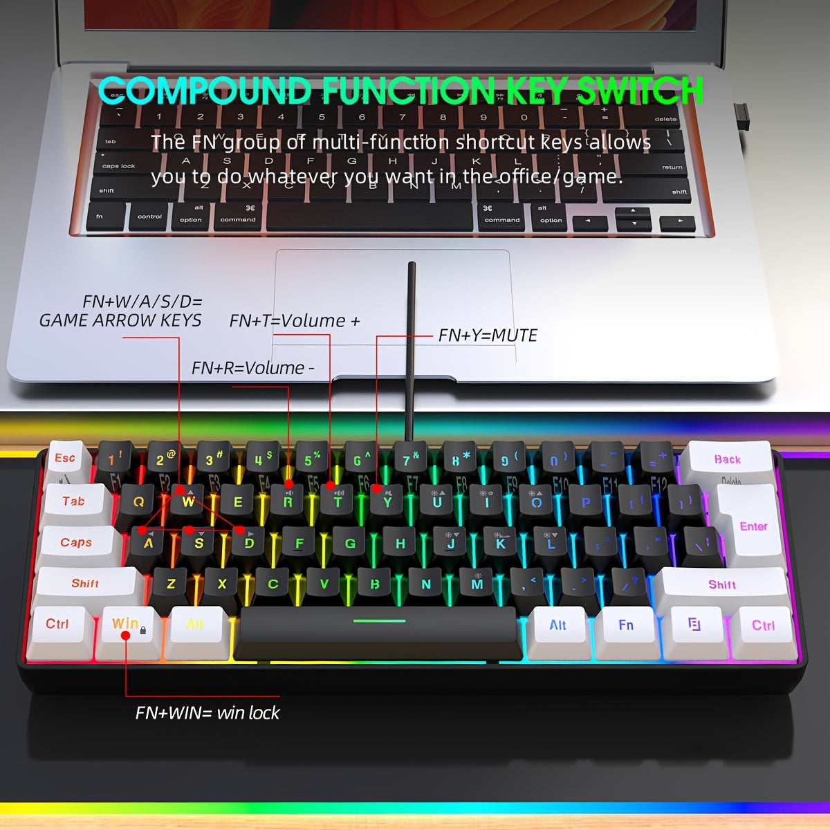 1pc HXSJ Mechanical Gaming Keyboard and Optical Mouse Set, 61-Key Wired Design, Dual Color Injection Molded Keycaps, RGB Backlight, USB Plug and Play, Compatible with PC