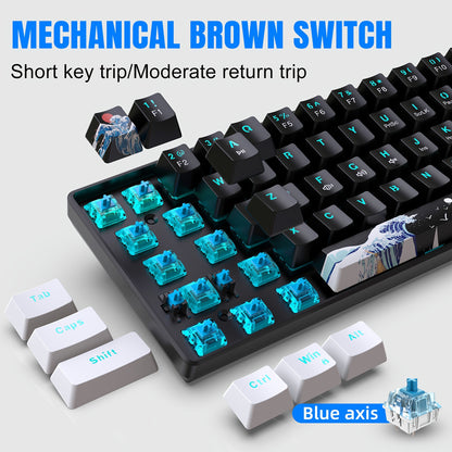 HXSJ Ergonomic 60% Mechanical Gaming Keyboard, with Blue Switches, USB Cable, Keycap Puller, Backlit Sea Blue LED, USB Powered, ≤36V Operating Voltage, with No Battery Required for Gaming