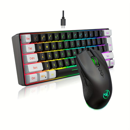 1pc HXSJ Mechanical Gaming Keyboard and Optical Mouse Set, 61-Key Wired Design, Dual Color Injection Molded Keycaps, RGB Backlight, USB Plug and Play, Compatible with PC