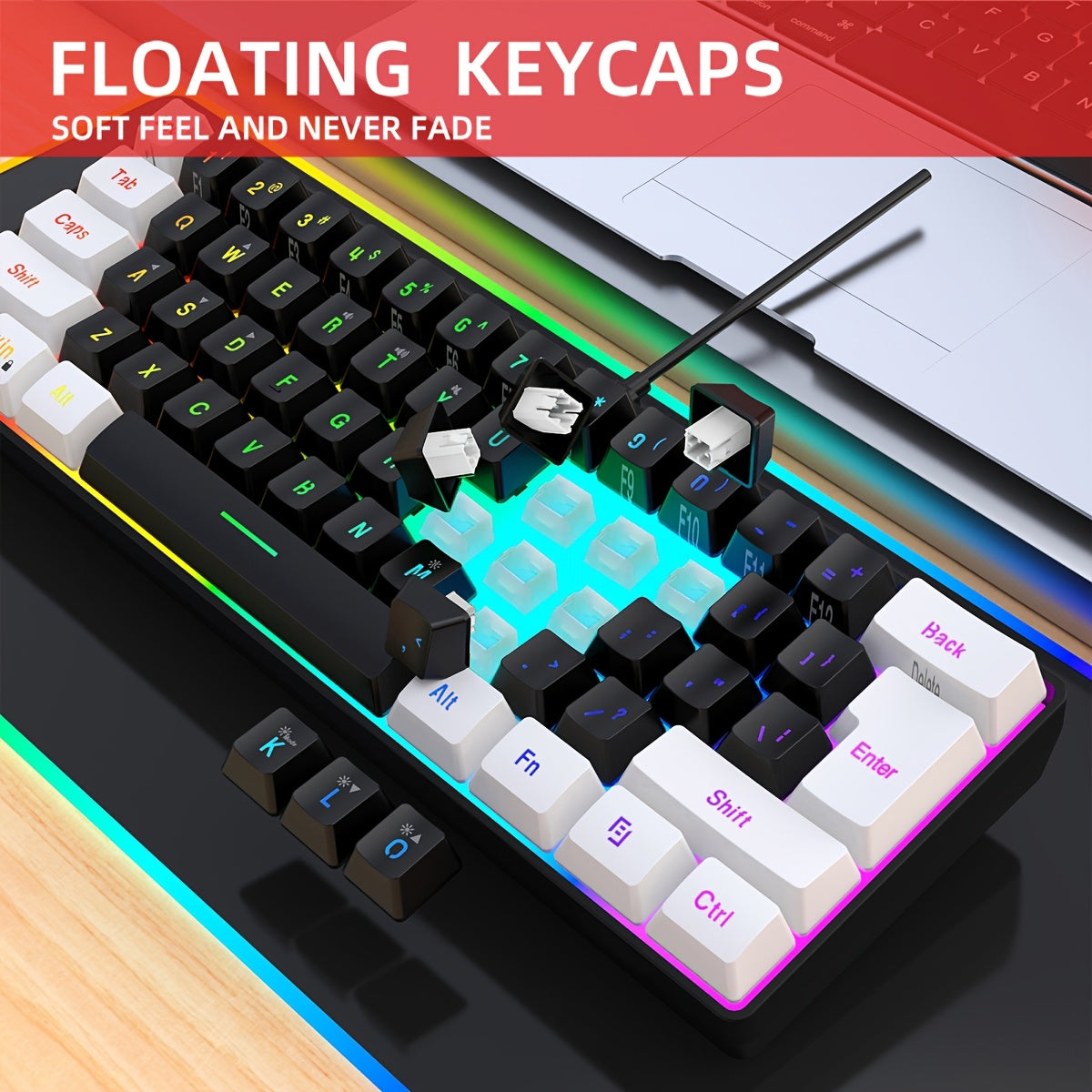 1pc HXSJ Mechanical Gaming Keyboard and Optical Mouse Set, 61-Key Wired Design, Dual Color Injection Molded Keycaps, RGB Backlight, USB Plug and Play, Compatible with PC