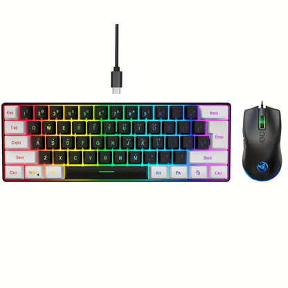 1pc HXSJ Mechanical Gaming Keyboard and Optical Mouse Set, 61-Key Wired Design, Dual Color Injection Molded Keycaps, RGB Backlight, USB Plug and Play, Compatible with PC